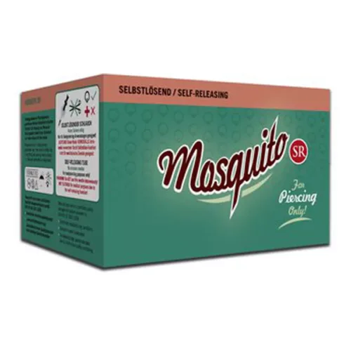 Scatola verde di aghi Mosquito in acciaio chirurgico 316L su sfondo bianco