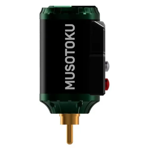 Batteria Rover R-1 RCA verde con scritta nera Musotoku su sfondo bianco
