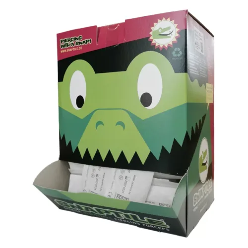 Confezione verde con motivo di coccodrillo, piena di pinzette monouso sterili