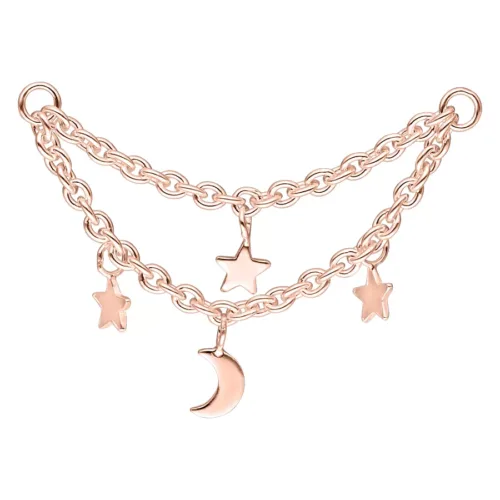 Catena piercing in oro rosa con luna e stelle su sfondo bianco