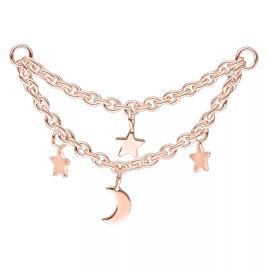 Catena piercing in oro rosa con luna e stelle su sfondo bianco