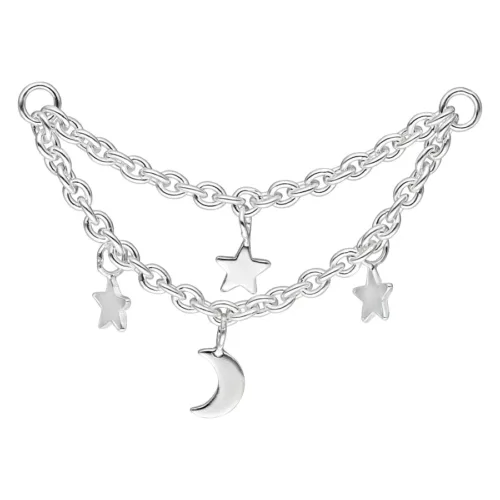 Catena piercing a due file color argento con luna e stelle su sfondo bianco