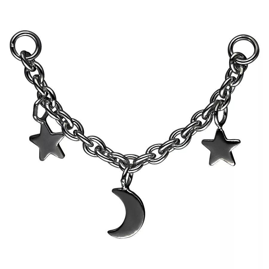 Catena piercing nera con luna e stelle su sfondo bianco