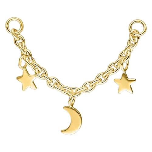 Catena piercing dorata con luna e stelle su sfondo bianco