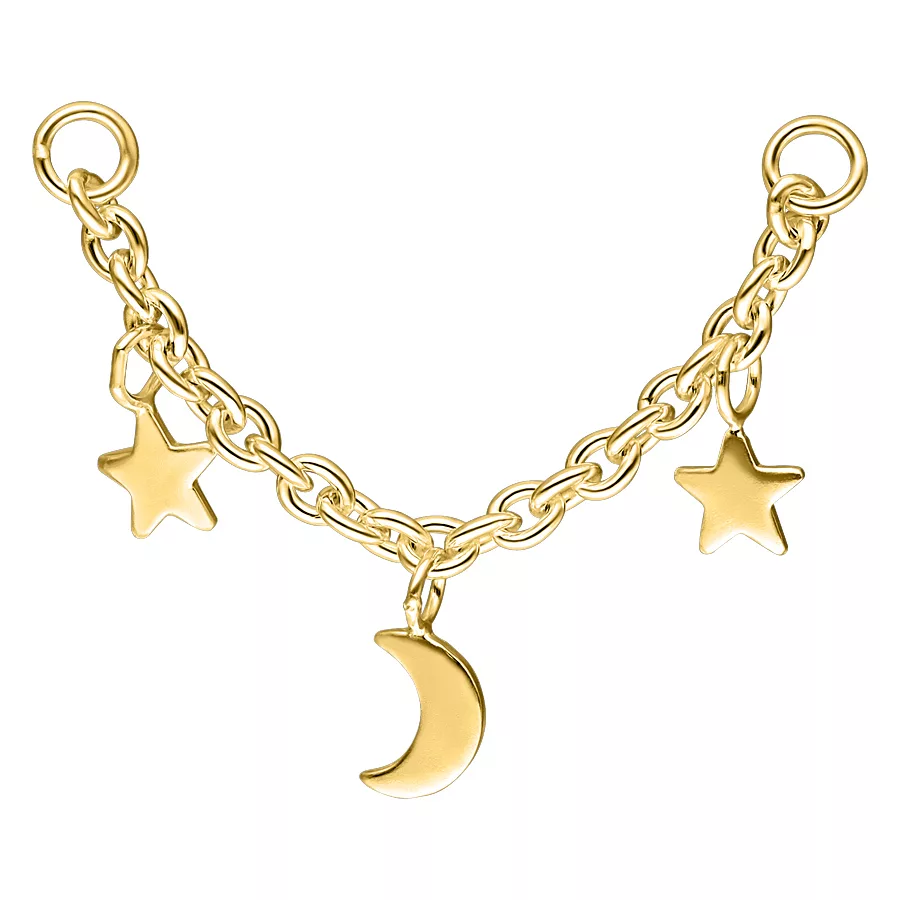 Catena piercing dorata con luna e stelle su sfondo bianco