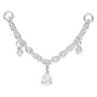 Catena piercing in argento con tre gocce di cristallo trasparenti su sfondo bianco