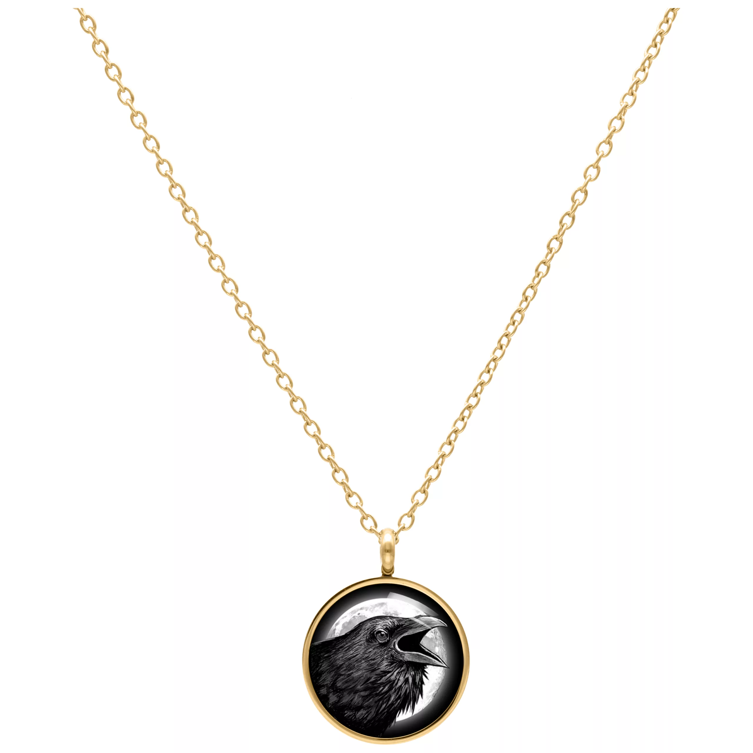 Raven collana in oro con ciondolo Collana dorata con ciondolo rotondo a forma di corvo su sfondo bianco