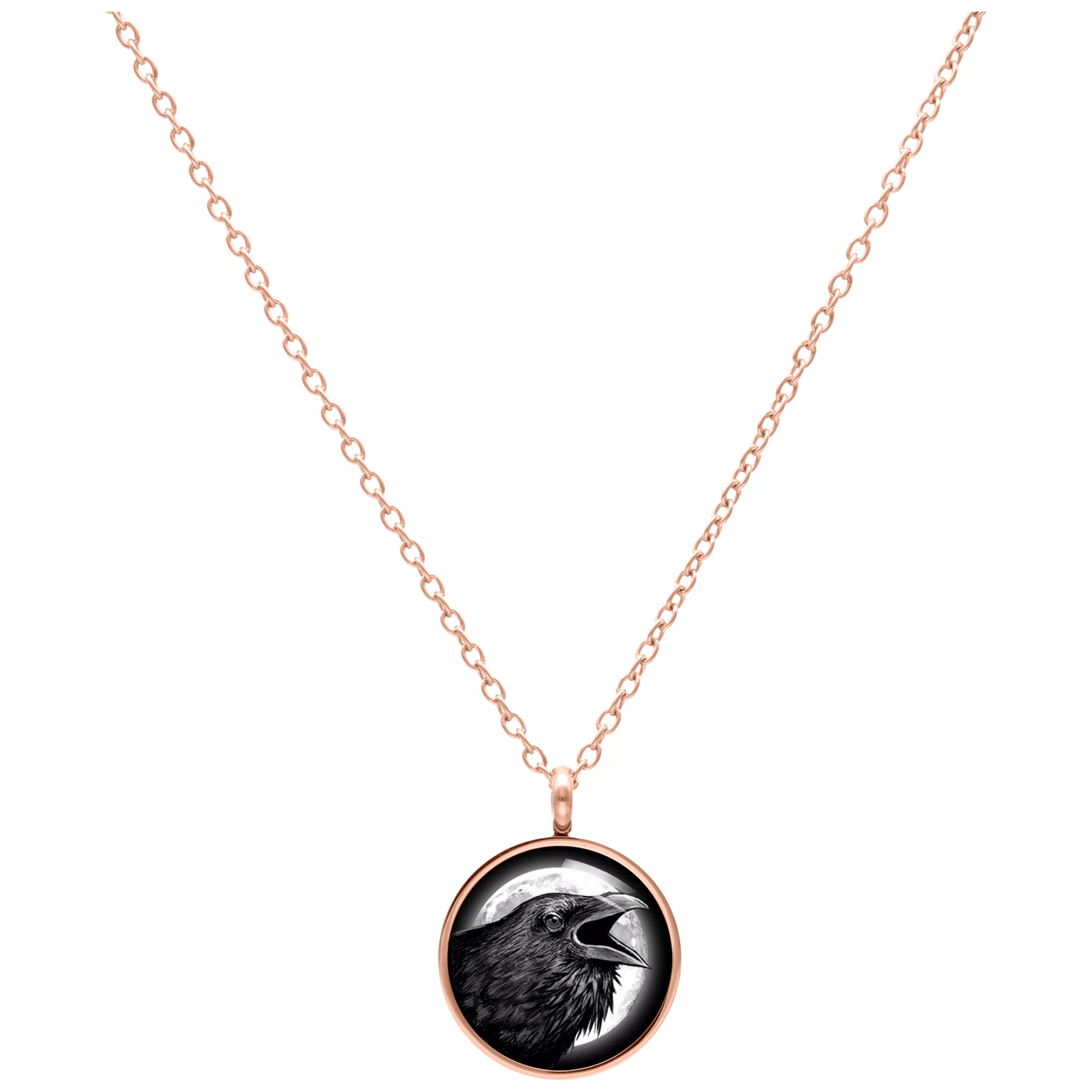 Collana in oro rosa con pendente di un corvo su sfondo bianco