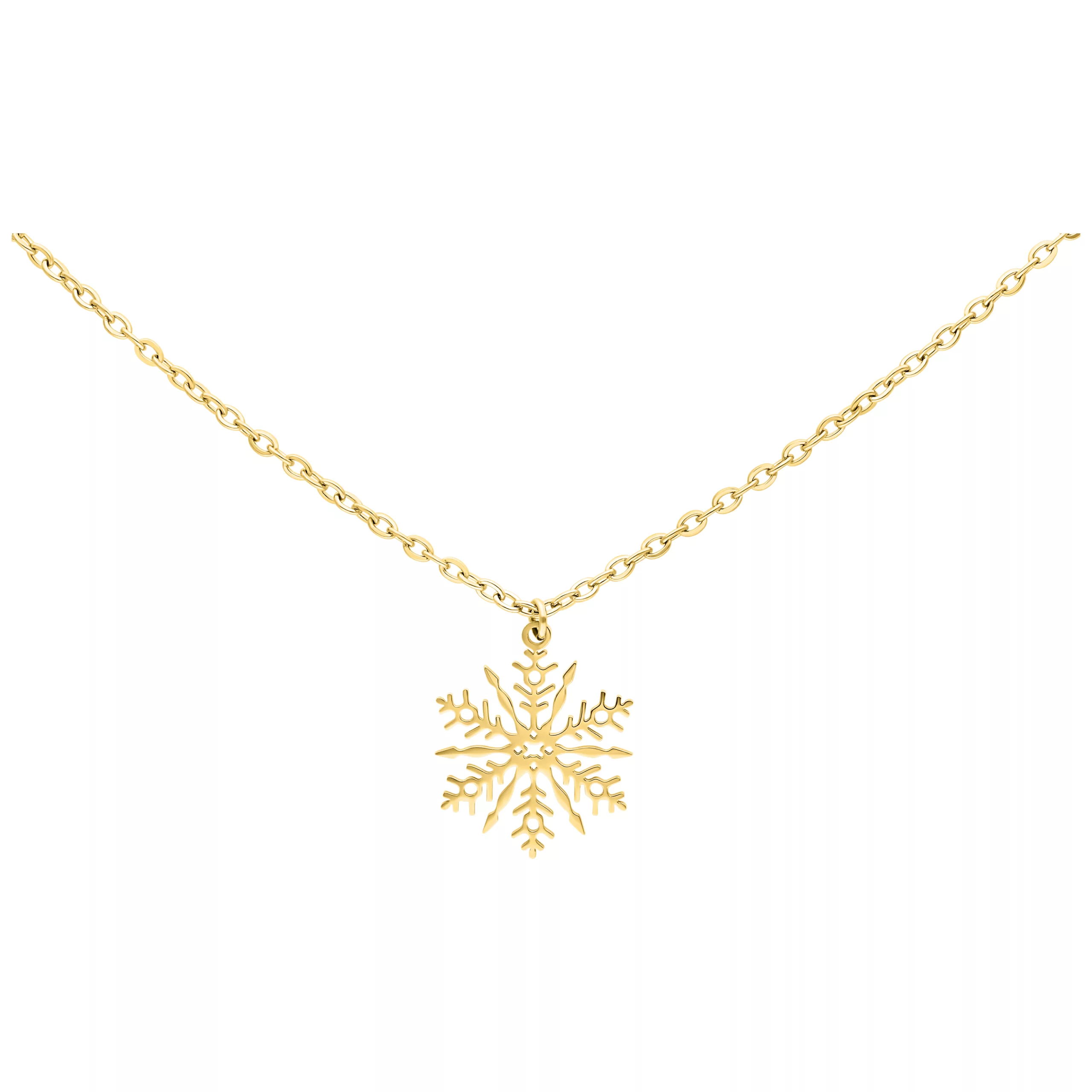 Collana dorata con ciondolo a fiocco di neve su sfondo bianco