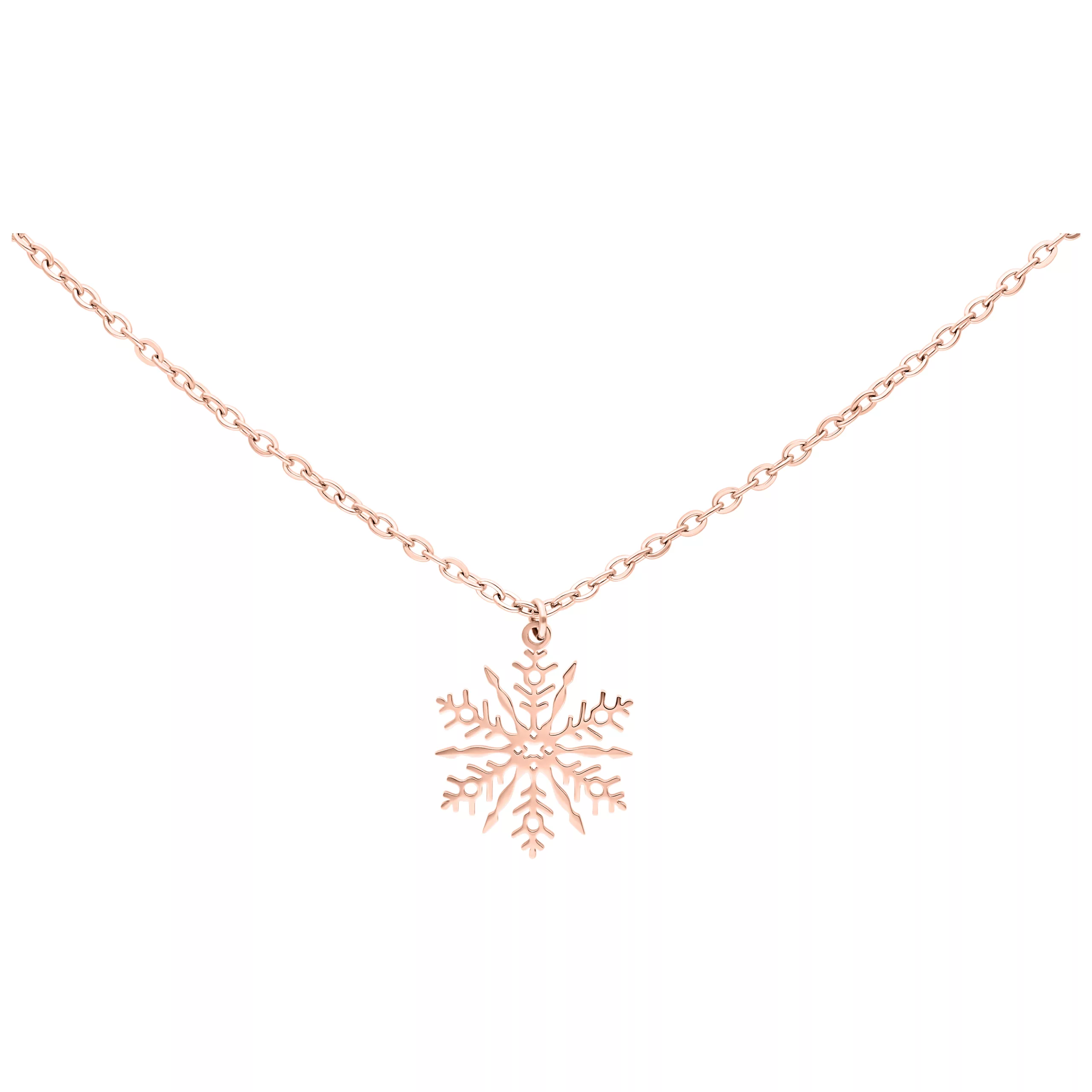 Collana in oro rosa con ciondolo a fiocco di neve su sfondo bianco