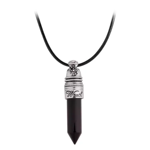 Collana nera con ciondolo 'Wrath' in argento su sfondo bianco