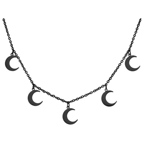 Collana nera con cinque piccoli ciondoli a forma di luna su sfondo bianco