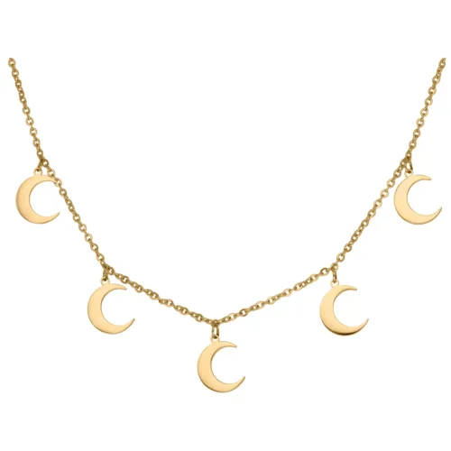 Collana dorata con cinque piccoli ciondoli a forma di luna su sfondo bianco