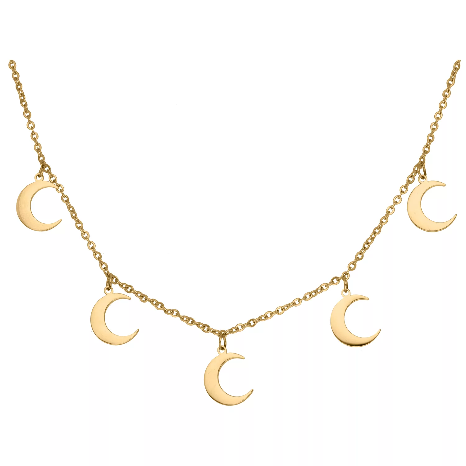 Collana Little Moon dorata in acciaio chirurgico Collana dorata con cinque piccoli ciondoli a forma di luna su sfondo bianco