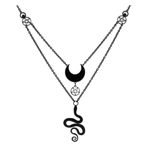 Collana nera a due fili in acciaio chirurgico con ciondoli a forma di luna e serpente su sfondo bianco