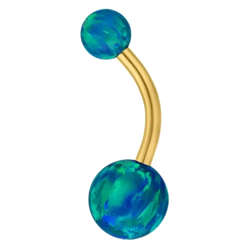 Bananabell dorato con due opali sintetici navy blu su sfondo bianco