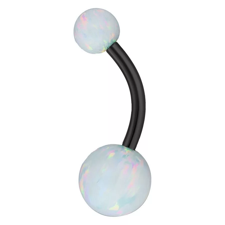 Piercing all'ombelico nero in titanio con due sfere di opale sintetico su sfondo bianco