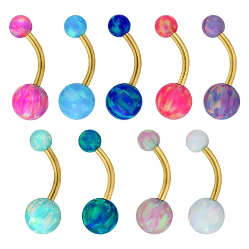 Banana Barbell in titanio dorato con pietre sintetiche di opale colorate su sfondo bianco