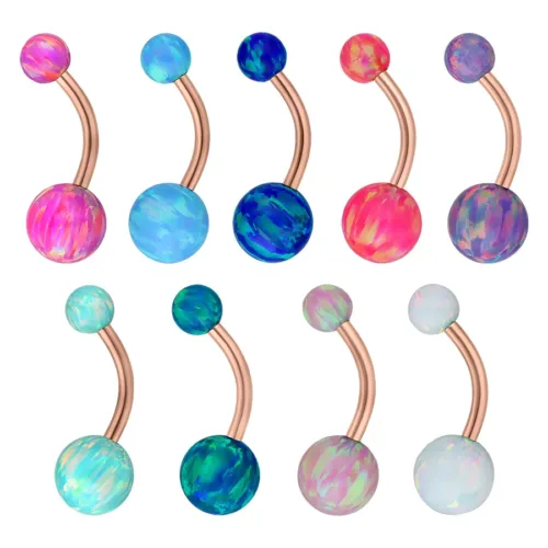 Vari doppi Bananabell in opale con asta in titanio oro rosa e sfere di opale colorate su sfondo bianco