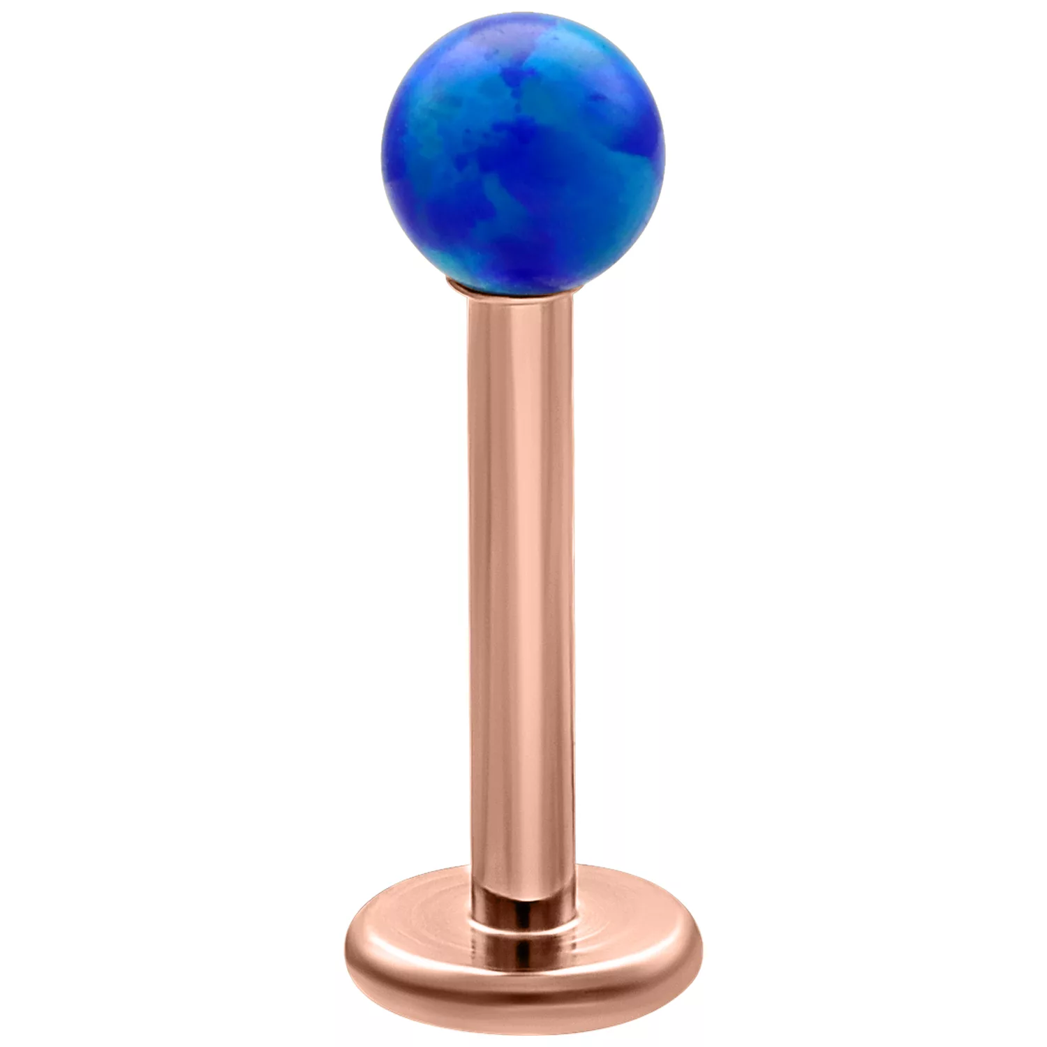 Labret con sfera in opale blu scuro su asta in titanio oro rosa, sfondo studio