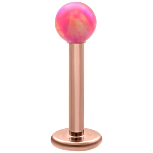 Labret con asta in oro rosa e sfera di opale rosa su sfondo bianco