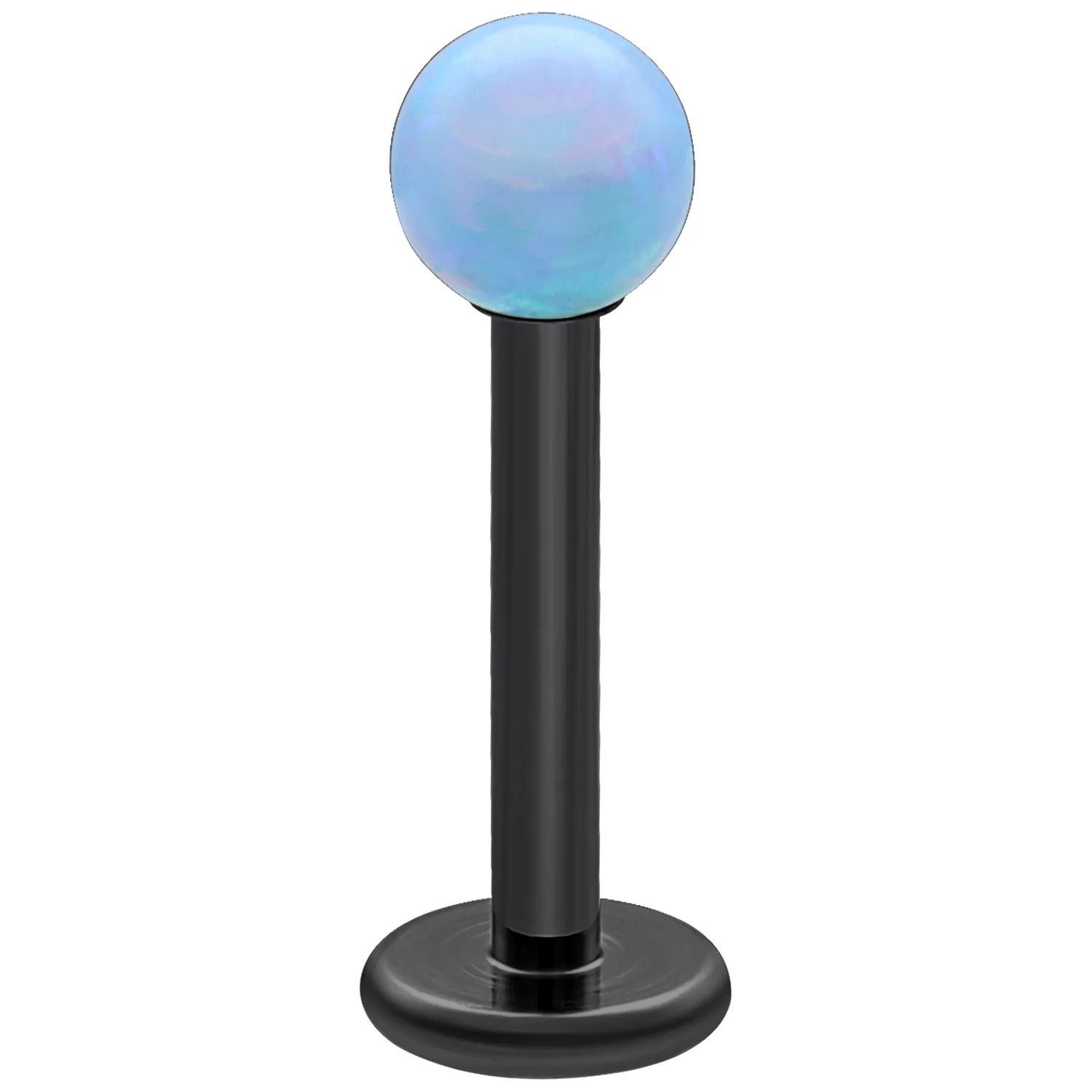 Labret in titanio nero con sfera di opale azzurro chiaro su sfondo bianco