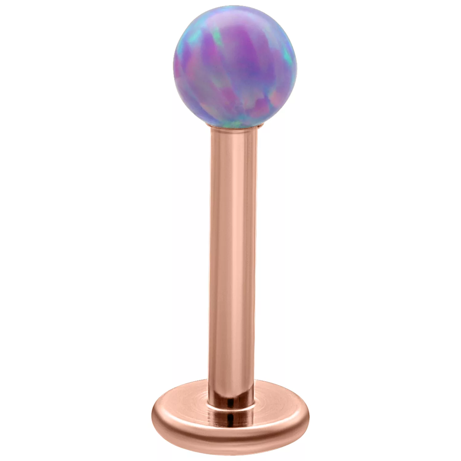 Labret in oro rosa con sfera di opale azzurro su sfondo bianco