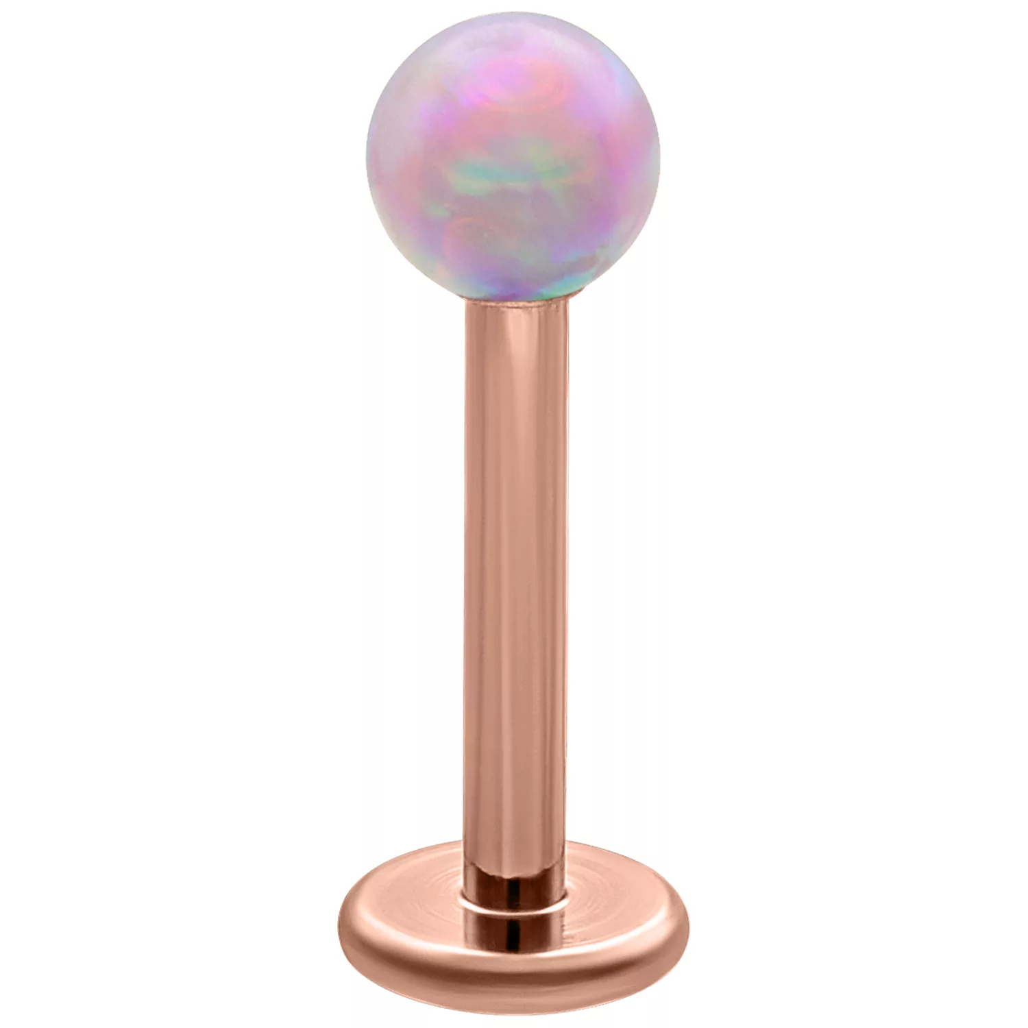 Micro Labret con sfera di opale sintetico rosa e barra in titanio oro rosa su sfondo bianco