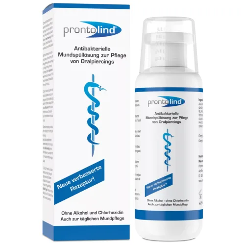 Bottiglia bianca di ProntoLind Cura per Piercing con scritta blu, 250 ml