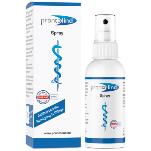 Spray bianco ProntoLind per la cura del piercing accanto alla confezione, 75 ml