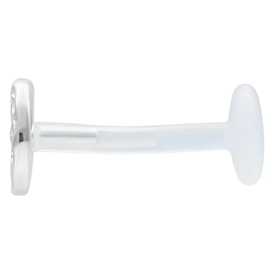 Labret in argento con cerchio martellato e asta trasparente su sfondo bianco