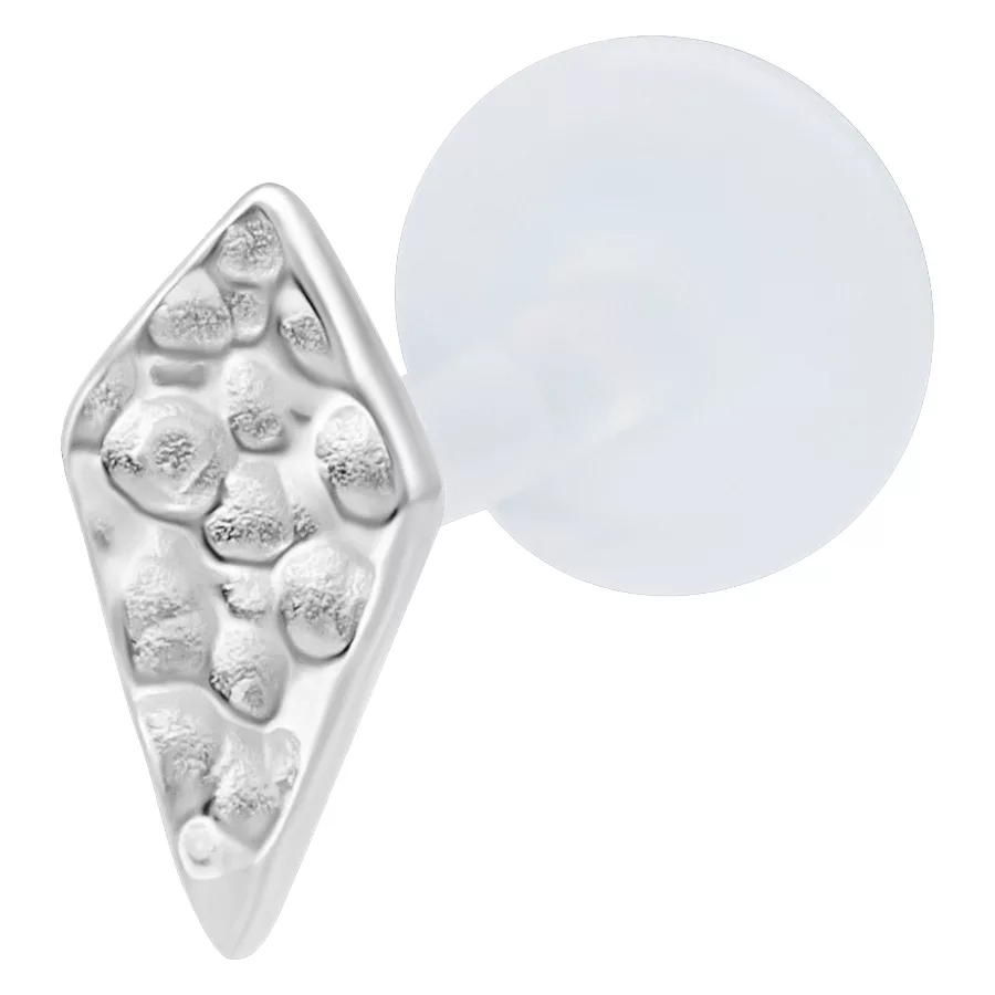 Labret romboidale in argento su sfondo bianco con asta in PTFE