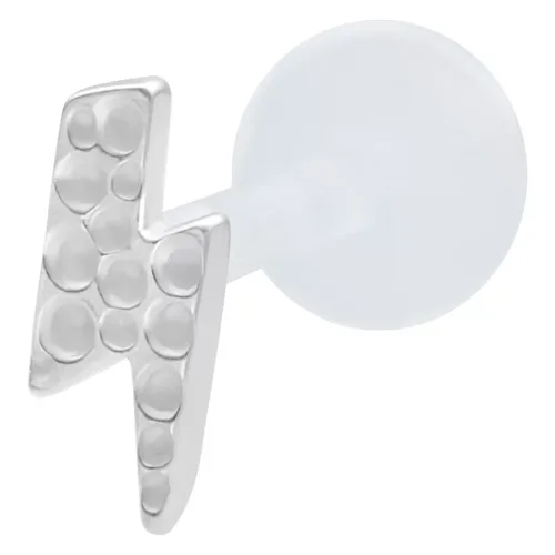 Silbernes Labret mit Blitzdesign auf weißem Hintergrund