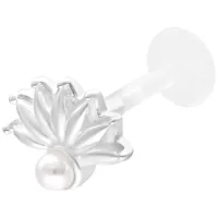 Labret in argento con design occhio di pavone e perla su sfondo bianco