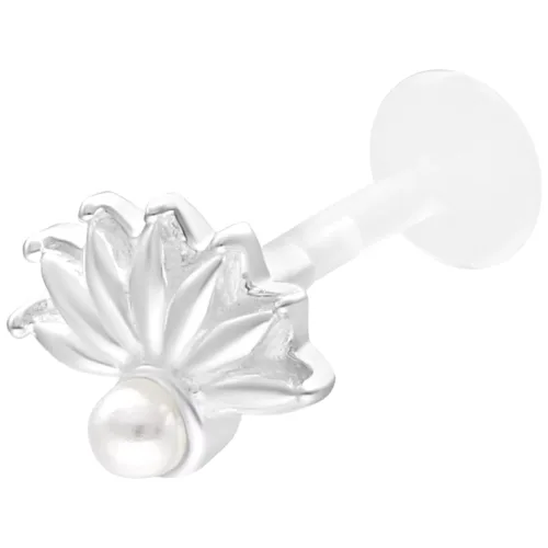 Labret in argento con design occhio di pavone e perla su sfondo bianco