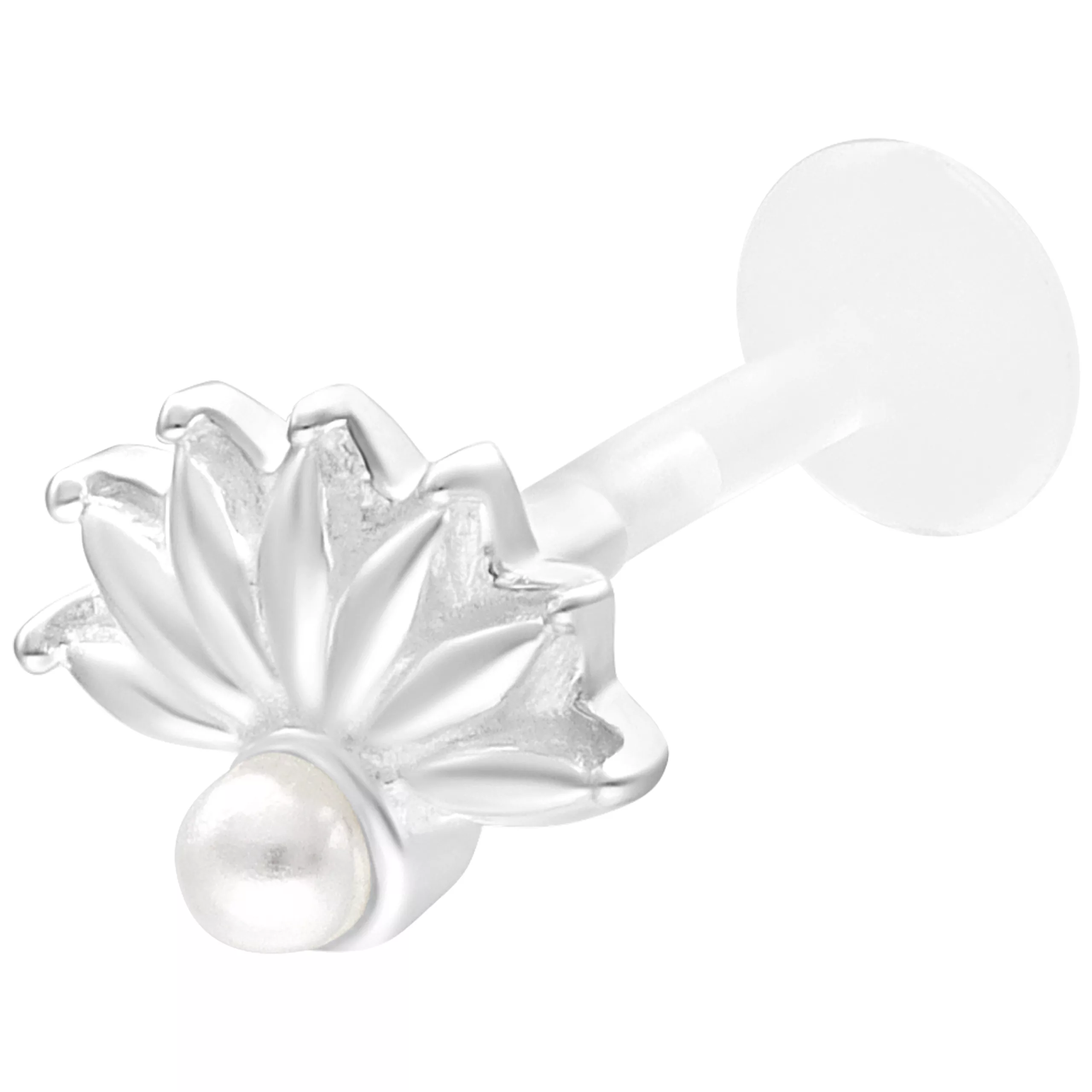 Labret in argento con design occhio di pavone e perla su sfondo bianco