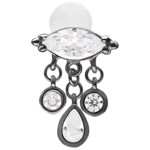 Labret Bella Push Fit nero con piastra da 5,0 mm e 3 pendenti su sfondo bianco