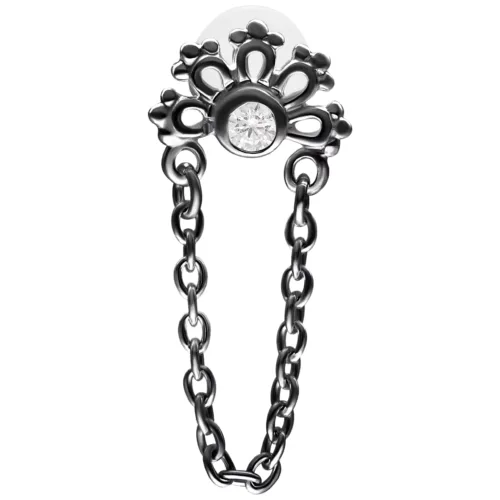 Labret Crystal Sunrise nero con piastra da 5,0 mm e catena su sfondo bianco