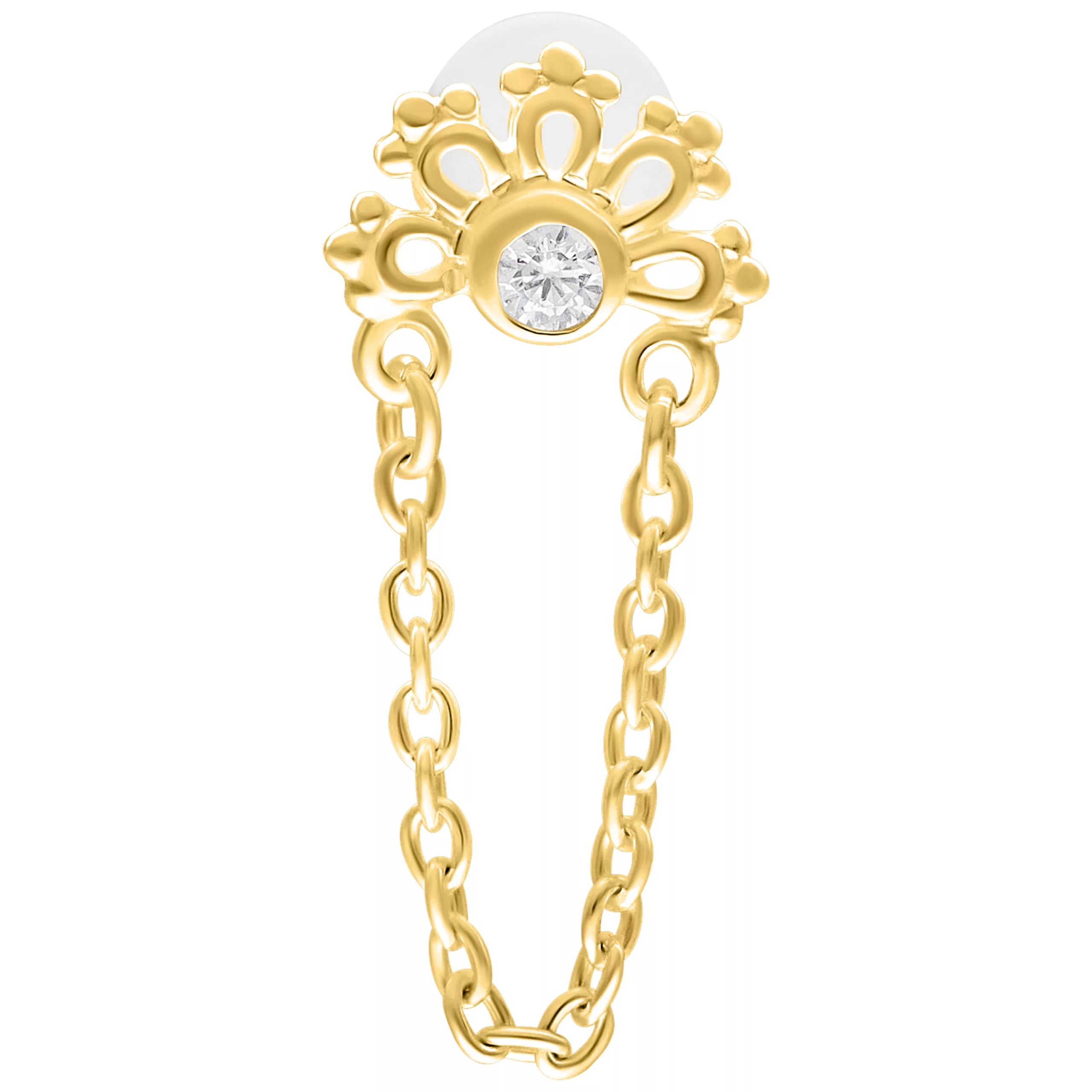 Labret d'oro con cristallo scintillante e design a catena su sfondo bianco