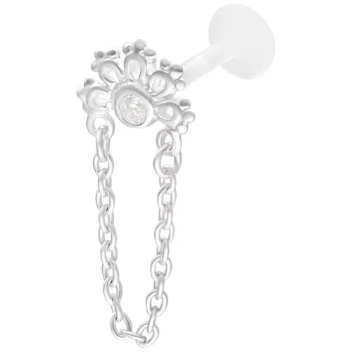 Labret Push Fit in argento con cristallo e catena decorativa su sfondo bianco