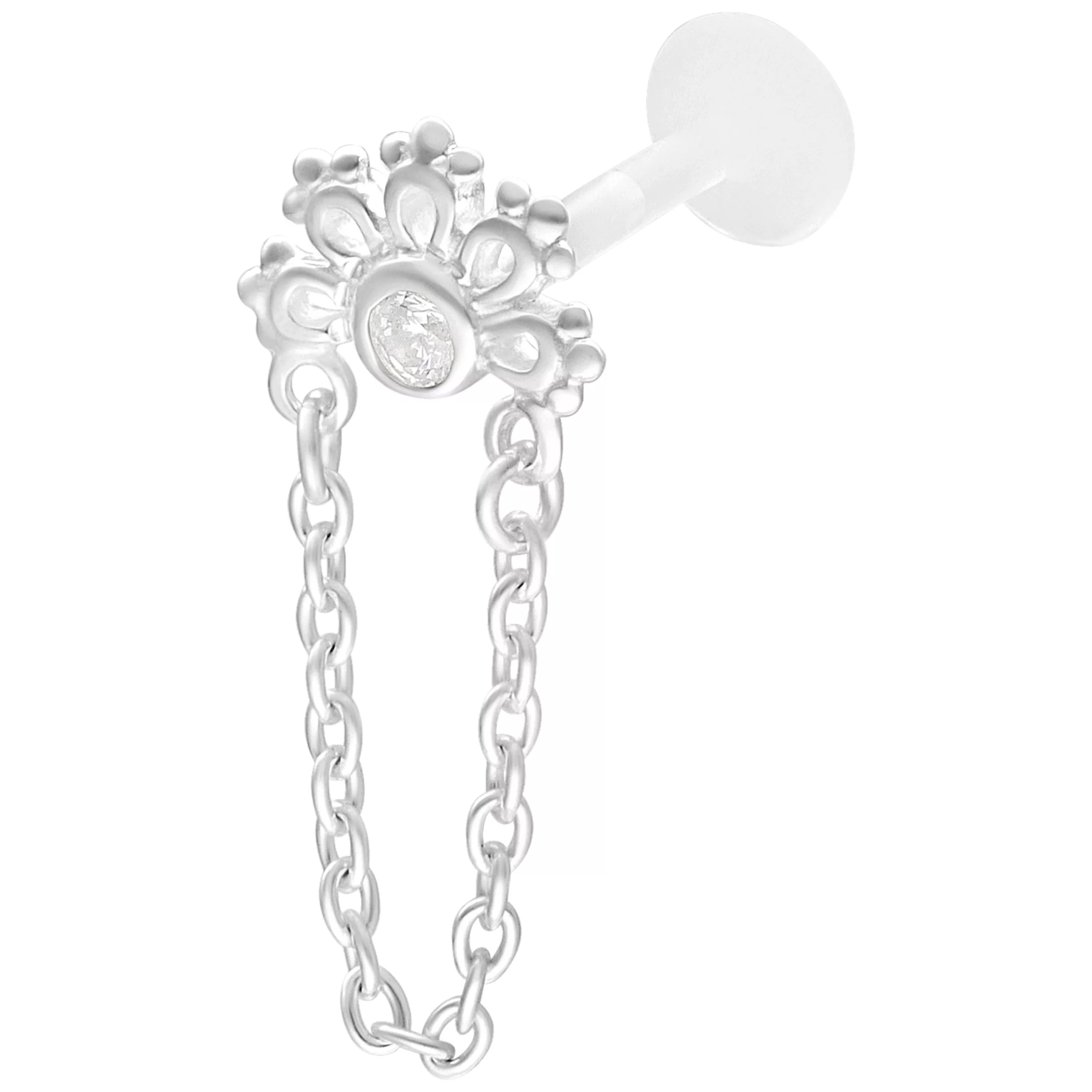 Labret Push Fit in argento con cristallo e catena decorativa su sfondo bianco
