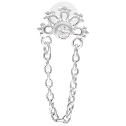 Labret argentato con cristallo e ciondolo a catena su sfondo bianco