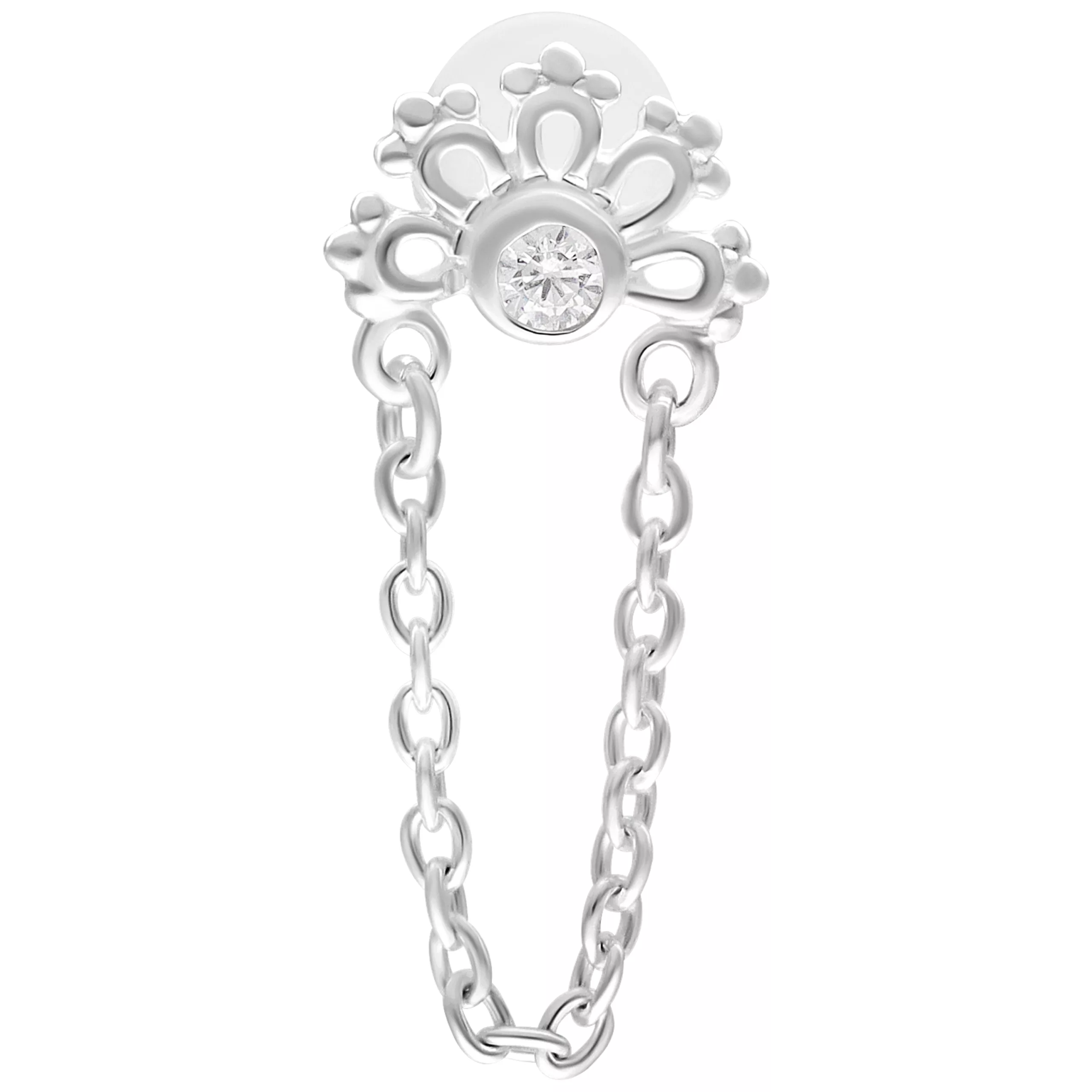 Labret argentato con cristallo e ciondolo a catena su sfondo bianco