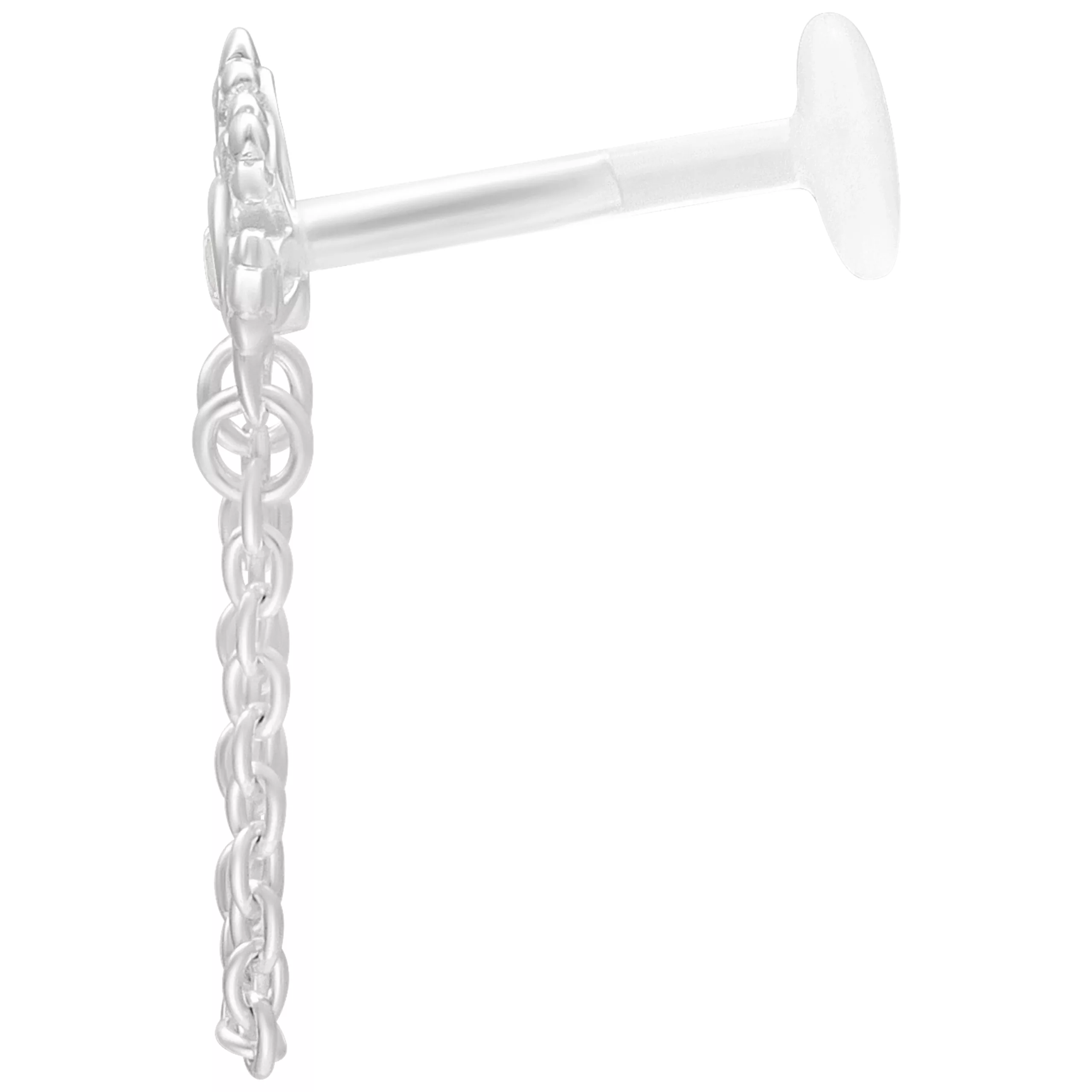 Labret color argento con cristallo e dettaglio a catena su sfondo bianco