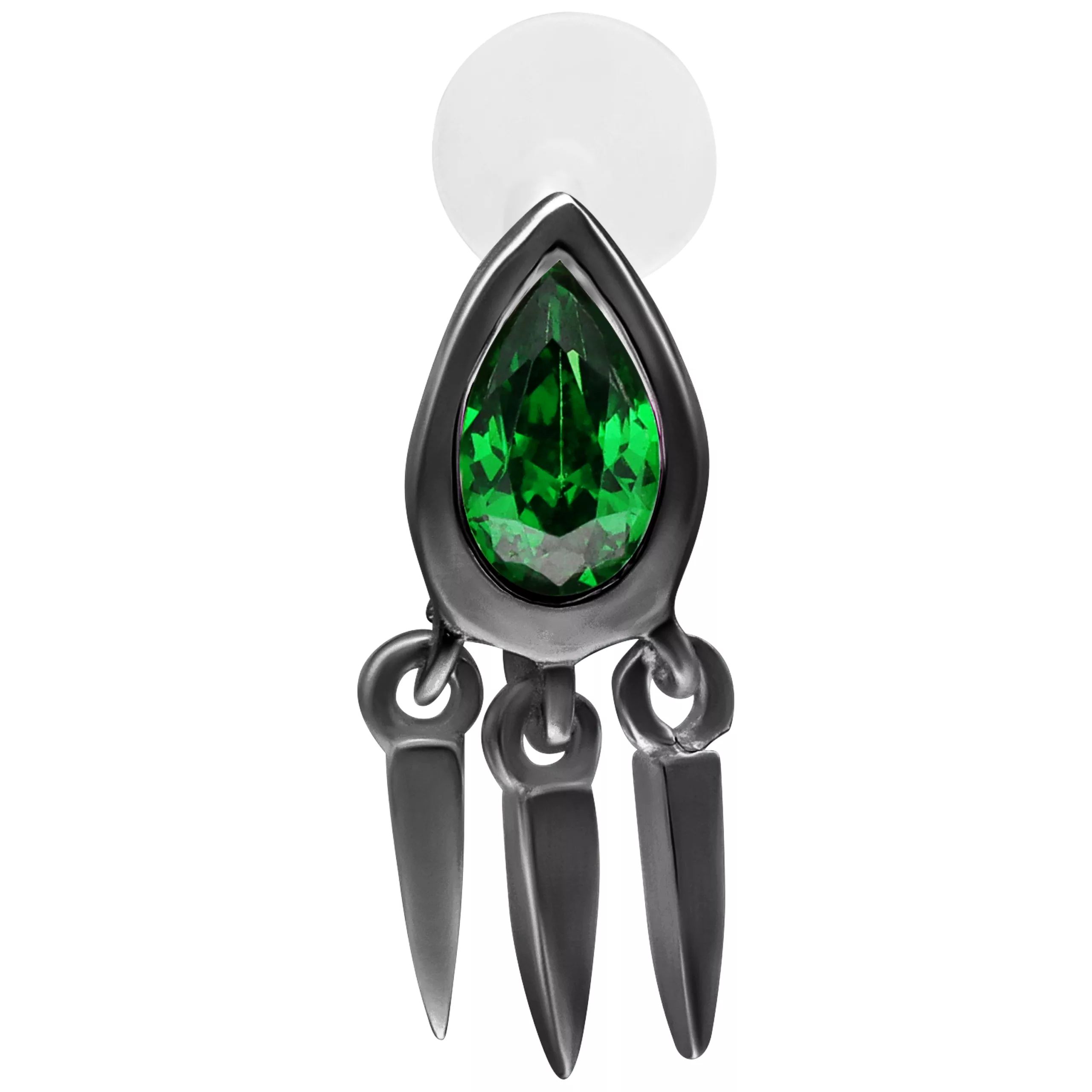 Labret nero con smeraldo verde, 5,0 mm, su sfondo bianco