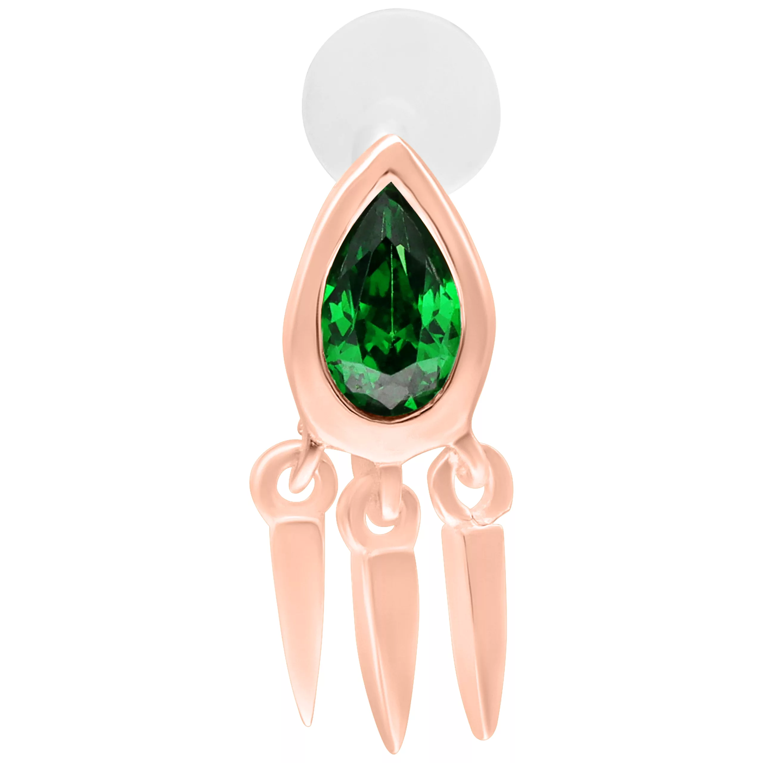 Labret Push Fit con smeraldo verde, oro rosa, 5 mm su sfondo bianco