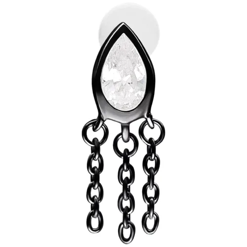 Labret nero con pietra a forma di goccia e catene su sfondo bianco