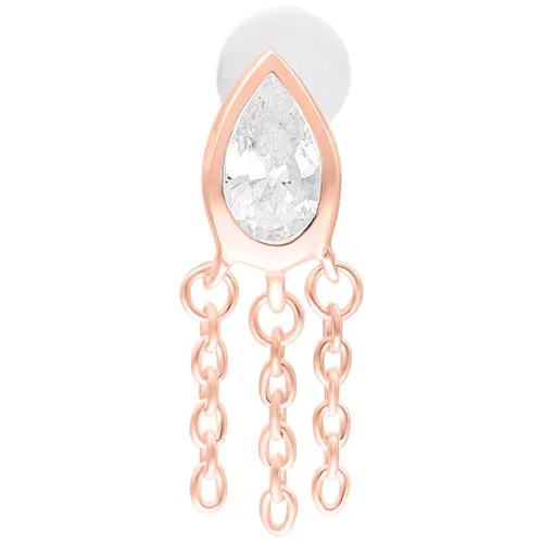 Piercing labret in oro rosa con design a goccia e ciondoli a catena su sfondo bianco