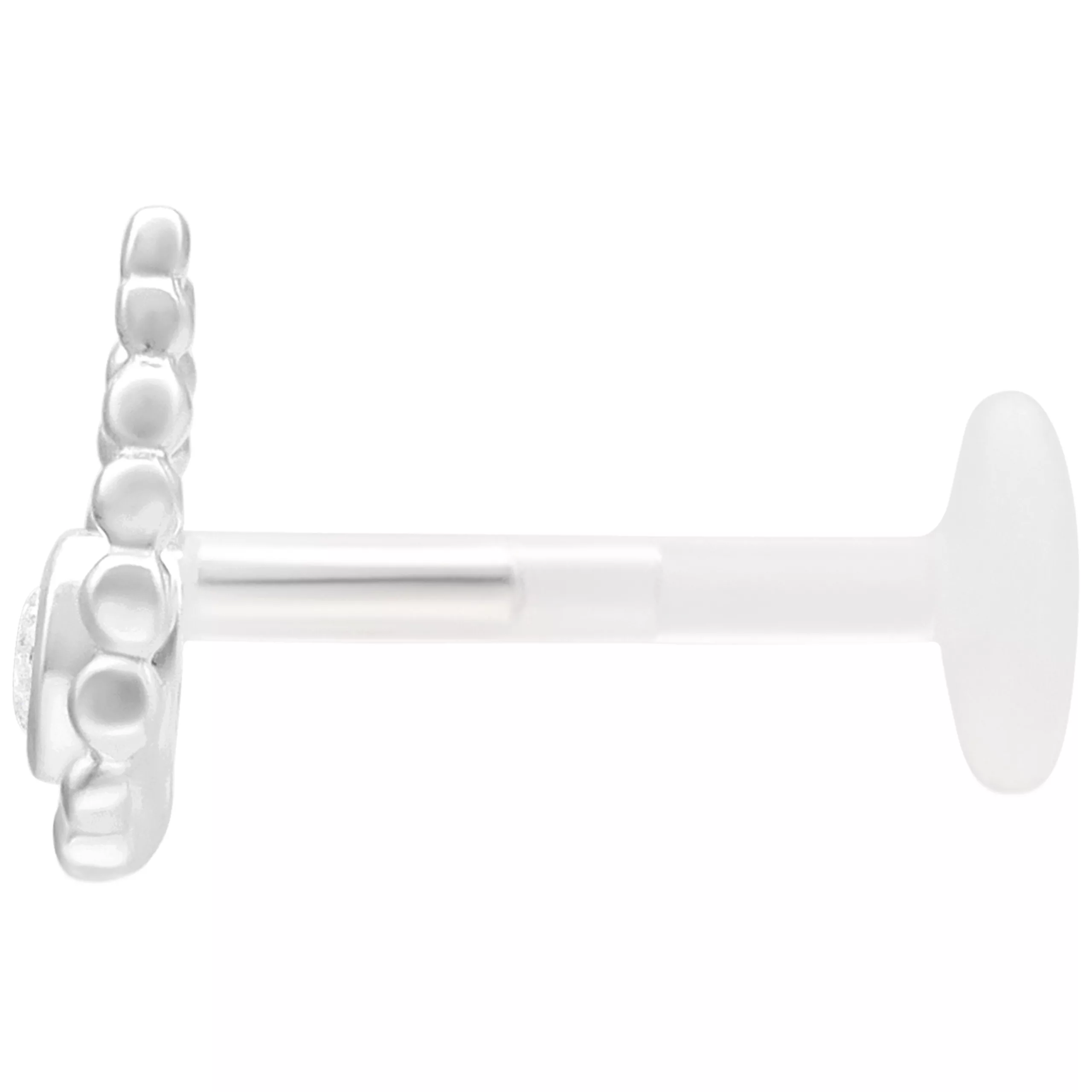 Labret Push Fit Argento con diametro di 5,0 mm su sfondo bianco