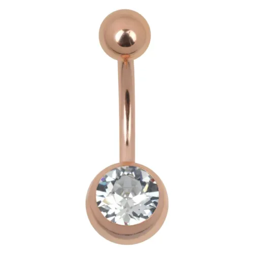 Piercing per ombelico in oro rosa con pietra cristallina su sfondo bianco